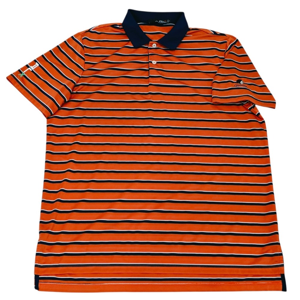 RLX Ralph Lauren Golf Polo Shirt Mens L Orange Navy Stripe Skull Performance